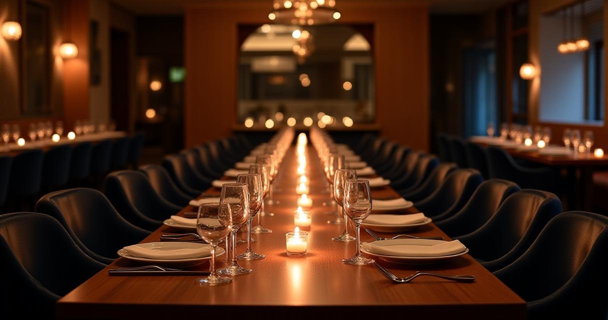 Elegant dark-toned dining room with candles and fine glassware